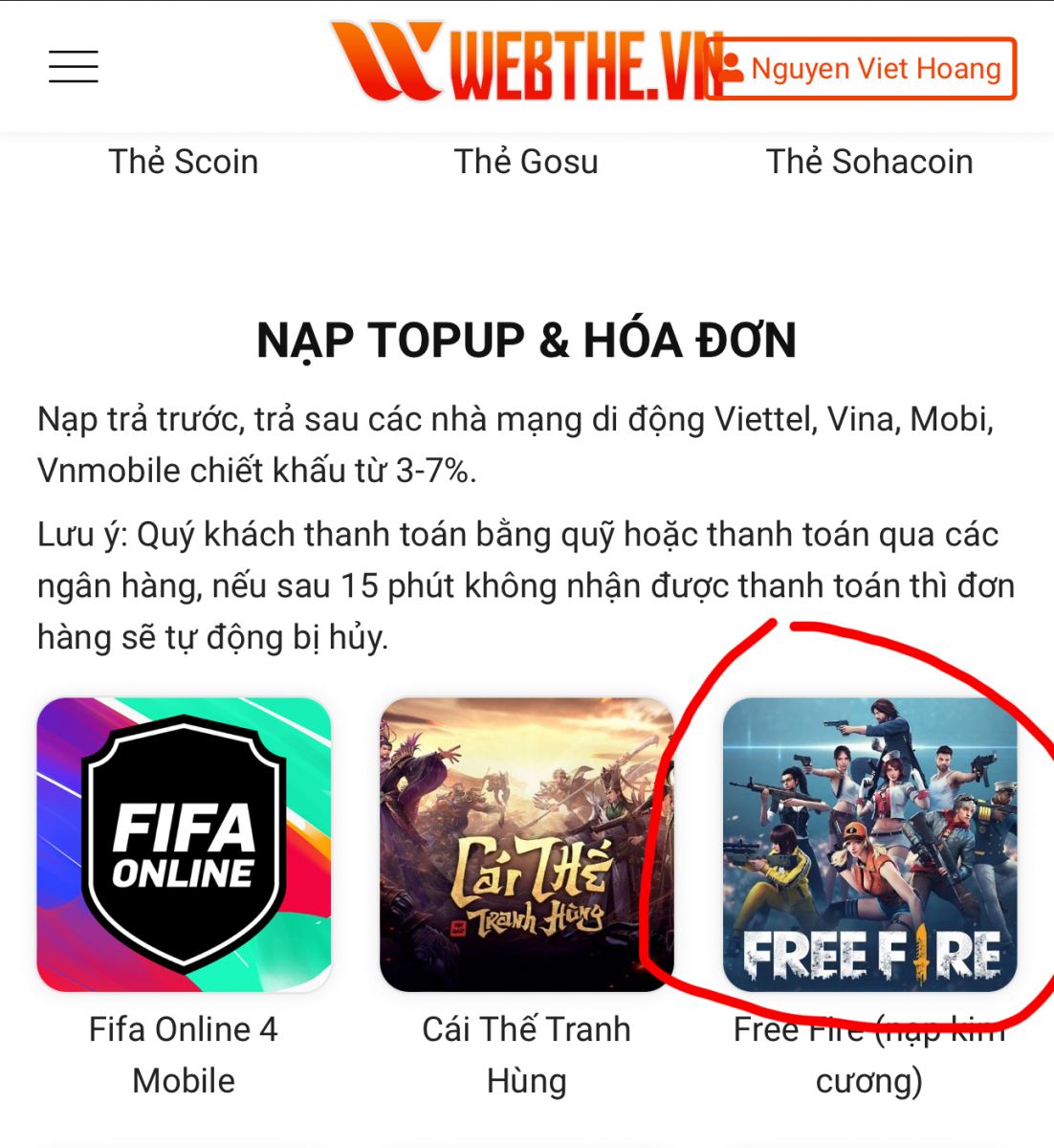 Nạp kim cương Free Fire tại Webthe.vn